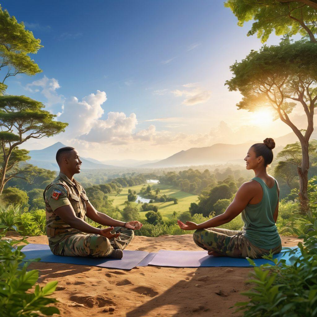 A serene military landscape showcasing soldiers engaging in wellness activities such as yoga and mindfulness exercises amidst nature. The scene should include vibrant greenery, a clear blue sky, and soldiers of diverse backgrounds smiling and connecting with each other. Infuse elements representing morale, like uplifting quotes around the background, and create a harmonious atmosphere emphasizing health and camaraderie. super-realistic. vibrant colors. peaceful setting.