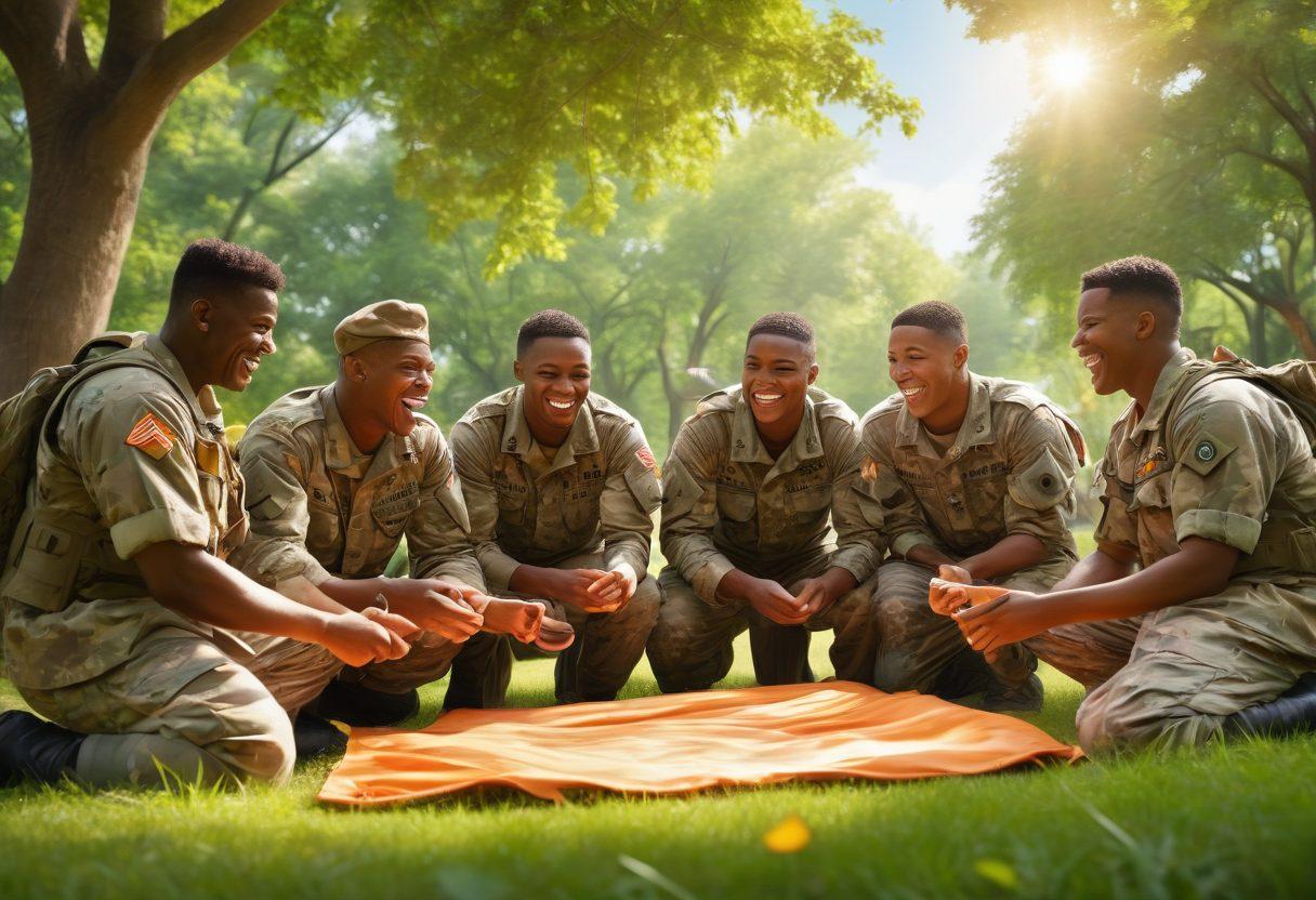 A diverse group of soldiers engaged in team-building activities in a sunny, lush green park, showcasing camaraderie and joy. Laughter and teamwork are evident as they participate in games and share refreshments. Include colorful banners promoting morale and well-being. The scene should exude happiness and unity, with soft, warm lighting illuminating their smiles. vibrant colors. super-realistic.