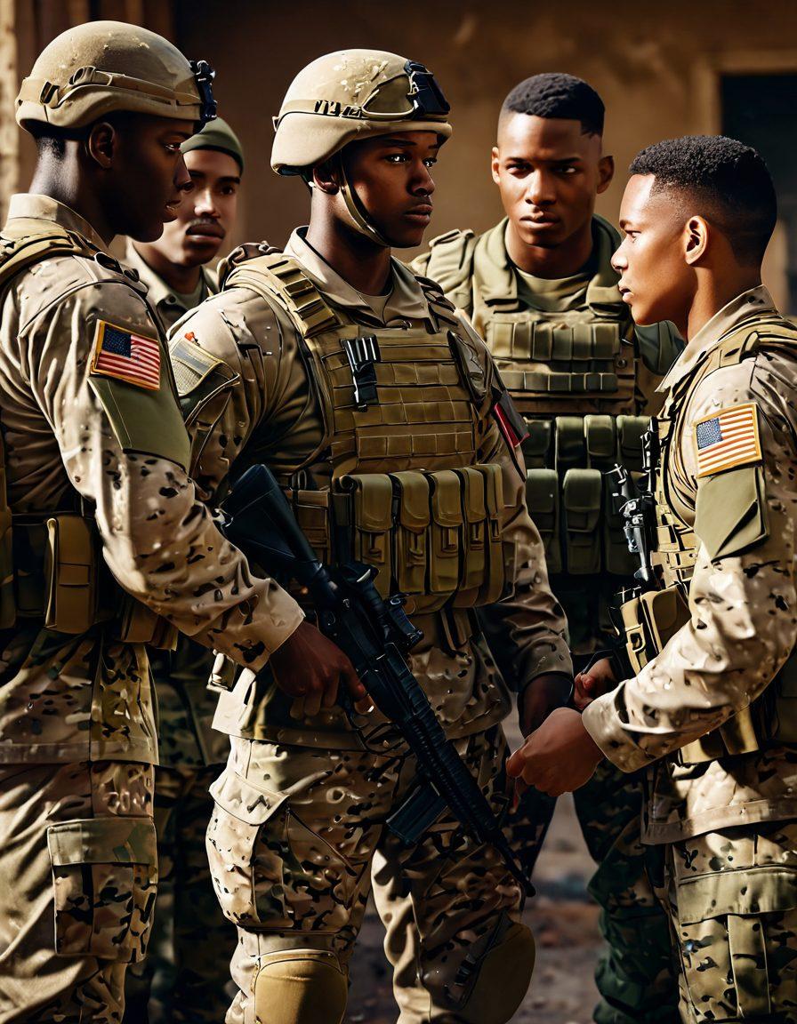 A group of diverse soldiers standing together, sharing a moment of camaraderie in a military setting, with one soldier helping another adjust their gear; the background shows a supportive team environment, highlighting unity and strength. The scene captures emotions of trust, resilience, and friendship. super-realistic. warm colors. 3D.
